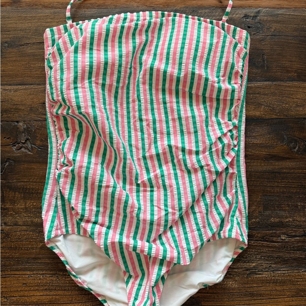 J. Crew Pink, Green & White Striped One-Piece Swimsuit